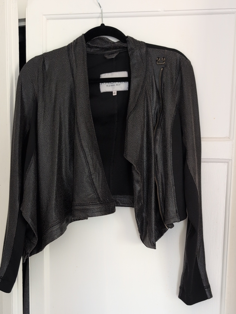 RACHEL Rachel Roy Metallic Black Draped Open-Front Jacket